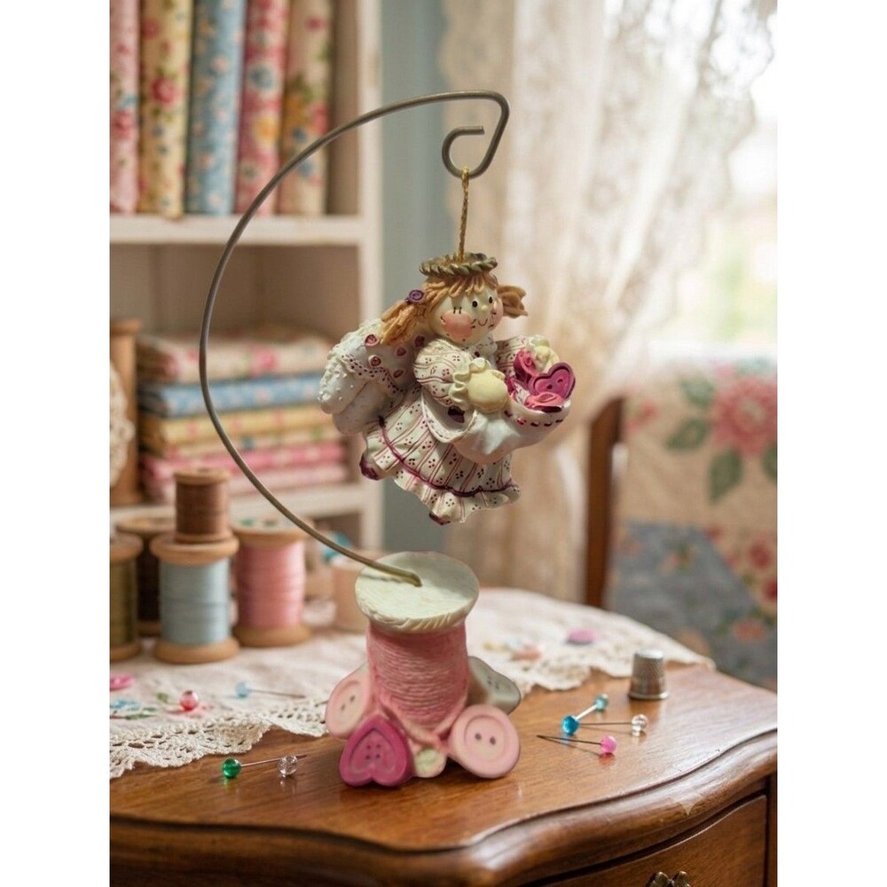 Enesco Cute  As A Button  Ornament W/Spool Stand Angel With  Hearts 1990